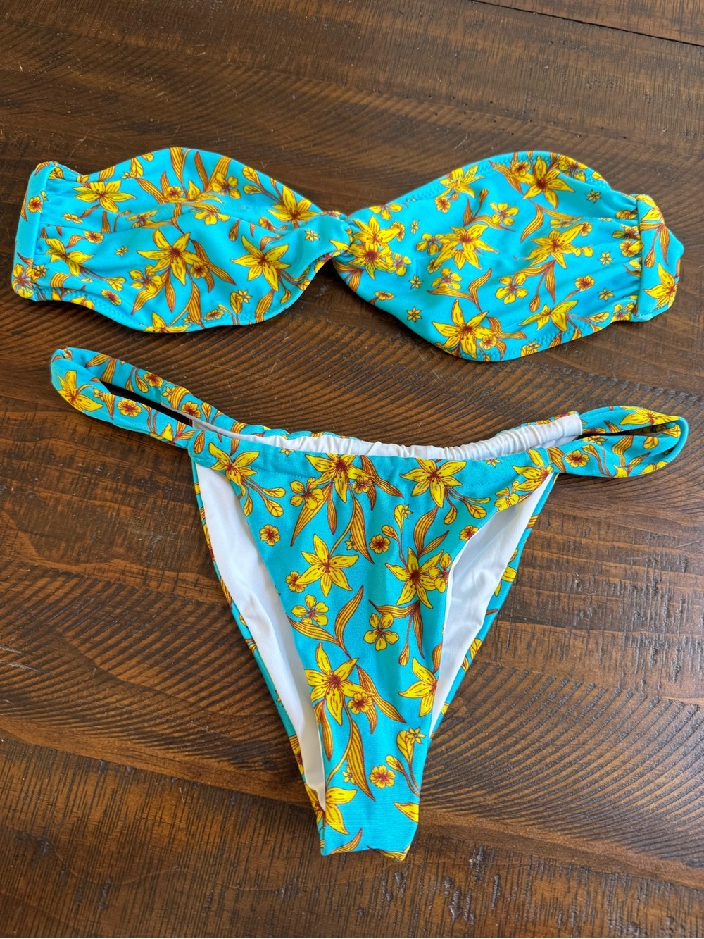 Turquoise Yellow Floral Bandeau Bikini Set - Women Swim Bikinis